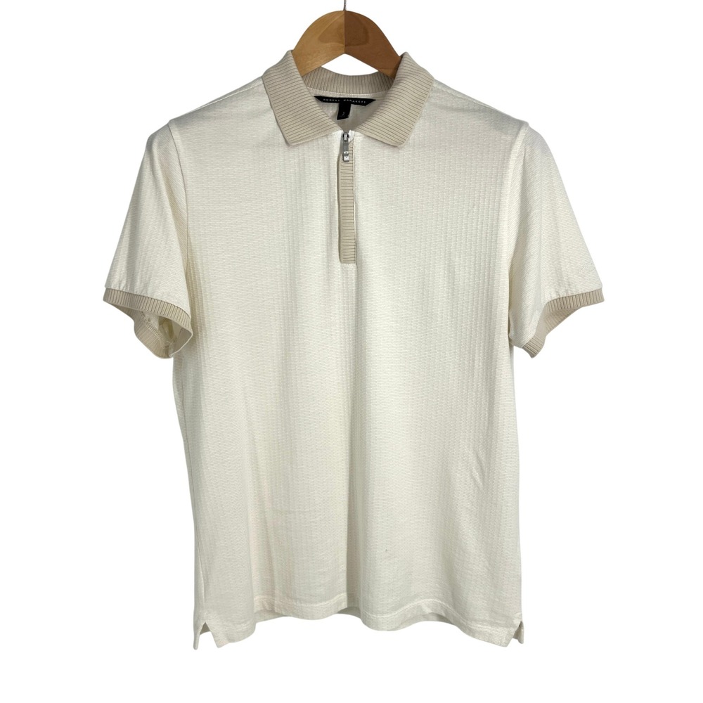 Robert Barakett Whistler Zip Polo Shirt Mens Small White Tan Textured RB51084